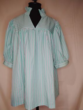 Striped Mint Green Womens Blouse with Ruffle Collar